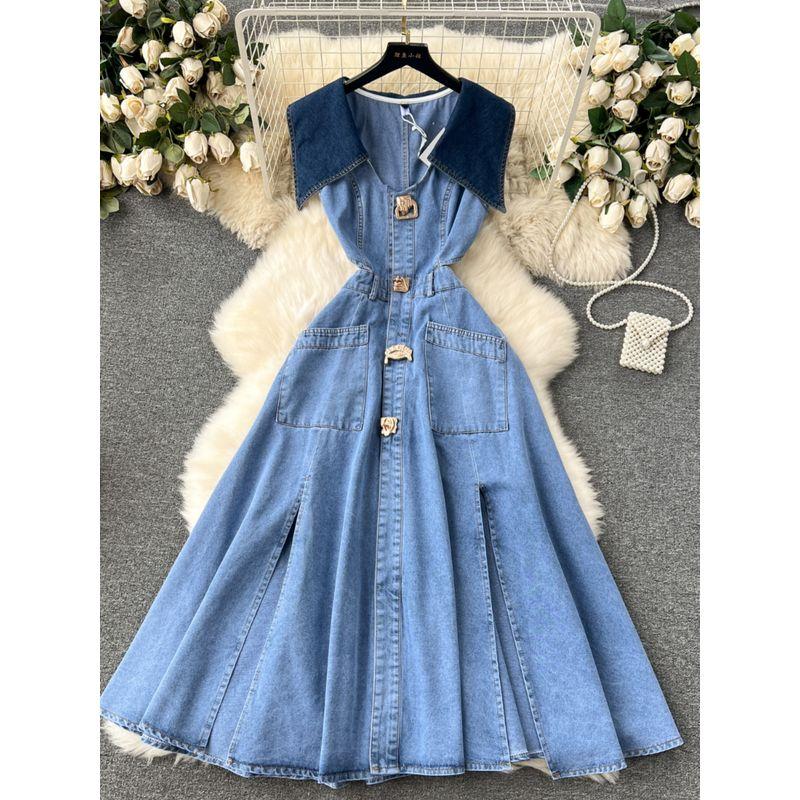 Cut Out Waist-Baring Slim-Fit Long Retro Denim Vest Dress