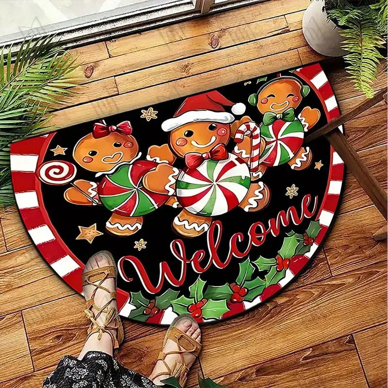 Christmas Gingerbread Man Welcome Doormat Easy-Clean Home Décor Semi-Circular Entrance Hall Doormat Indoor/Outdoor Rug