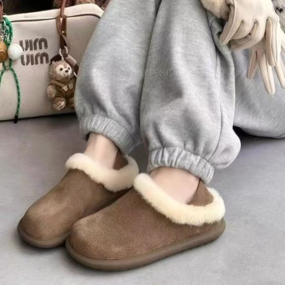 Popular velvet warm thick-soled fluffy slippers for women's 2025 autumn and winter new round-headed lazy shoes with two heels