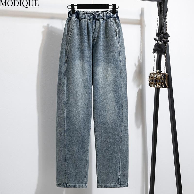 

MODIQUE 2025 Новые летние женские свободные повседневные прямые джинсы серповидной формы, длинные классические эластичные однотонные синие джинсы 5XL синий