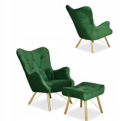 Scandinavian Armchair Luna with Footrest, Pouffe, Button,, Green Akamit