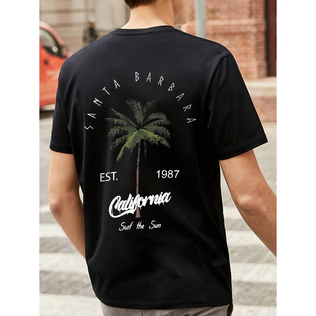 Mens Coconut Tree Graphic Tee Short Sleeve Alphabet Design Lightweight Summer Streetwear for Fashion Forward Style