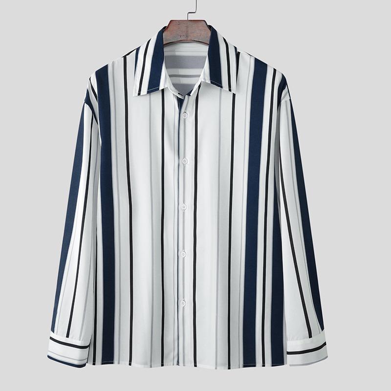 

INCERUN Men Long Sleeve Lapel Neck Striped Buttons Up Casual Loose Shirts Tops XL темно-синий