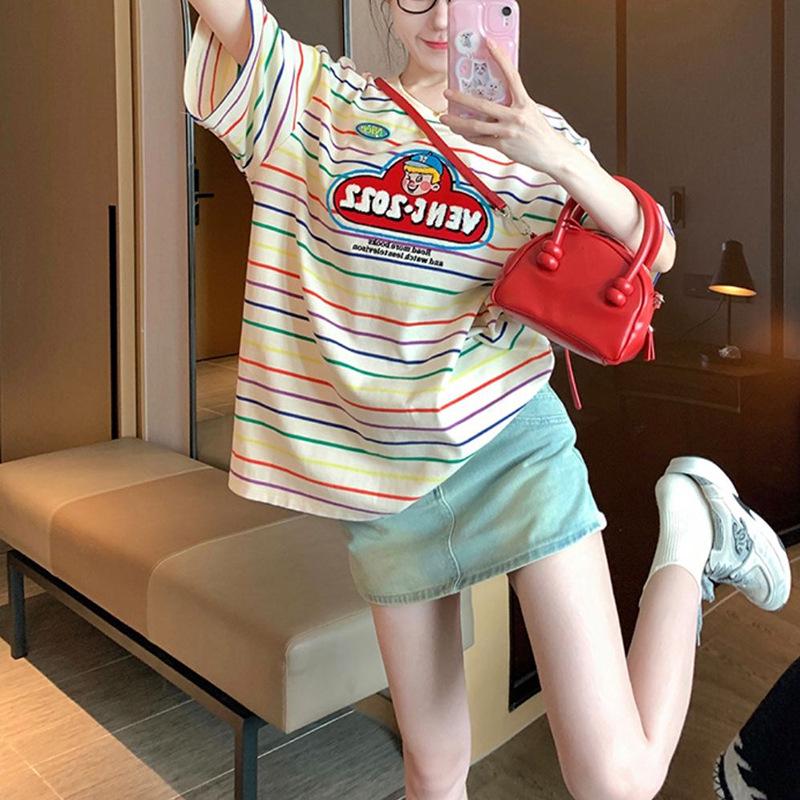 

Летняя полосатая футболка большого размера 2025 - Модный корейский дизайн для женщин XXL