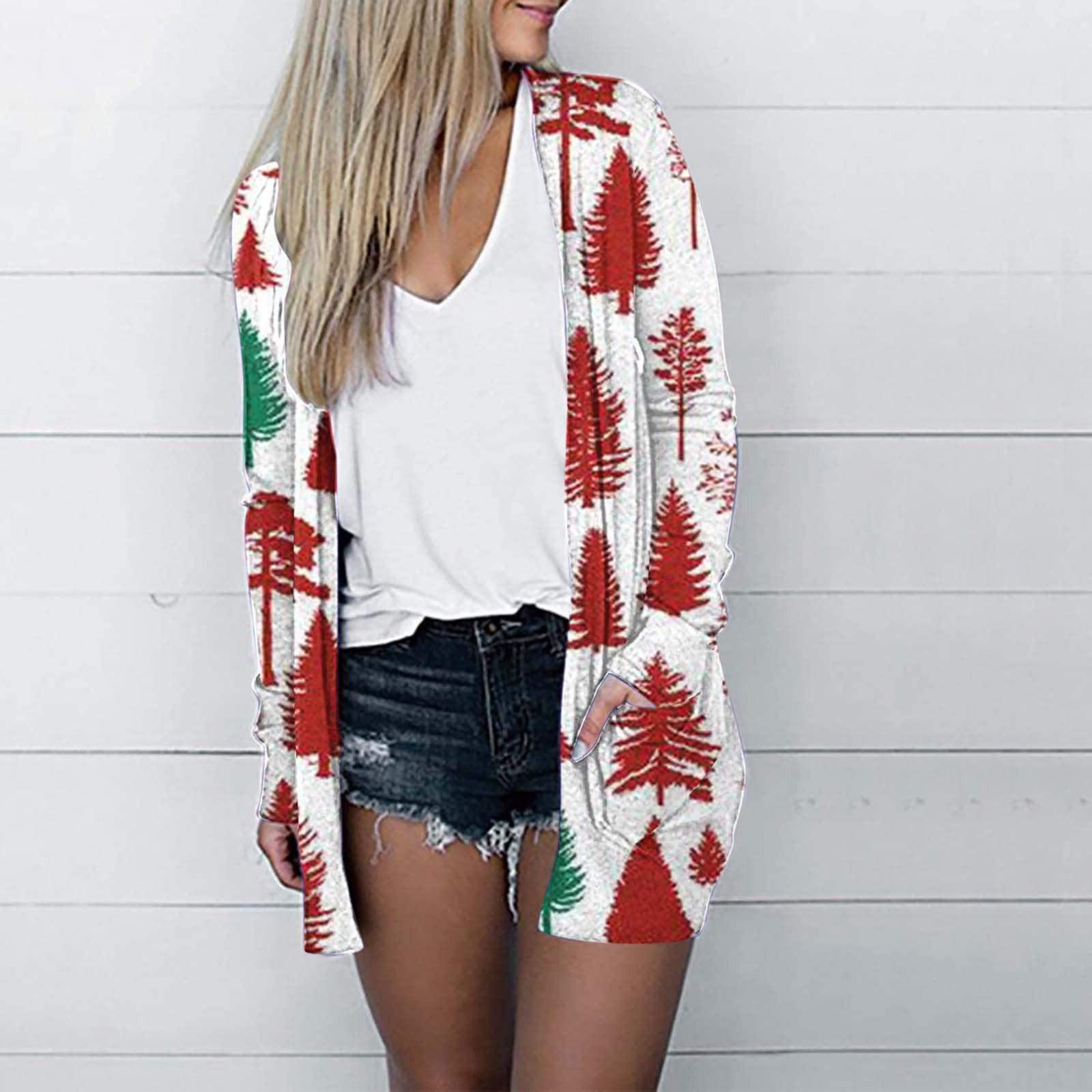 

Женская мода, свободный повседневный карманный кардиган с рождественским принтом, куртки, топы M красный