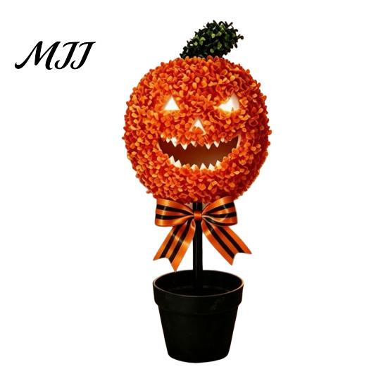 Outdoor Fall Yard Decorations Artificial Pumpkin Topiary Tree, Halloween Face Faux Boxwood Plants with Stake, Decorative Orange Autumn