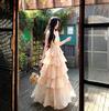 Summer Vacation Floral Printed Halter Chiffon Tiered Maxi Dress for Women Sexy V-Neck Backless Lace-up Ruffles Holiday Long Dress