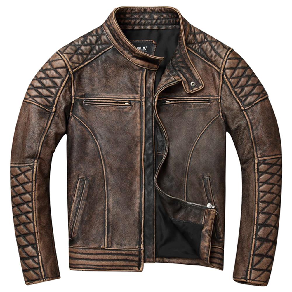 Chinesische Größe Vintage Männer Lederjacke dick 100% echtes Rindsleder Bikerjacke Slim Fit Männer Motorradmantel Herbst asiatische Größe S-5XL M419