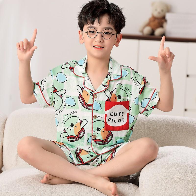 Boys Pajama Set Ice Silk Short Sleeve Cartoon Sleepwear Kids 8 Years Home Loungewear