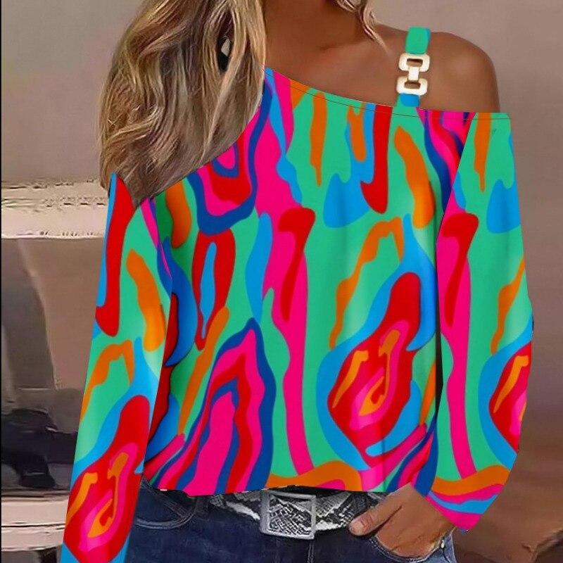 

Осенняя модная рубашка с металлической пряжкой и косым воротником, женская блузка с принтом, сексуальные топы с открытыми плечами, одежда с длинными рукавами, Blusas 29306 XXL восторг