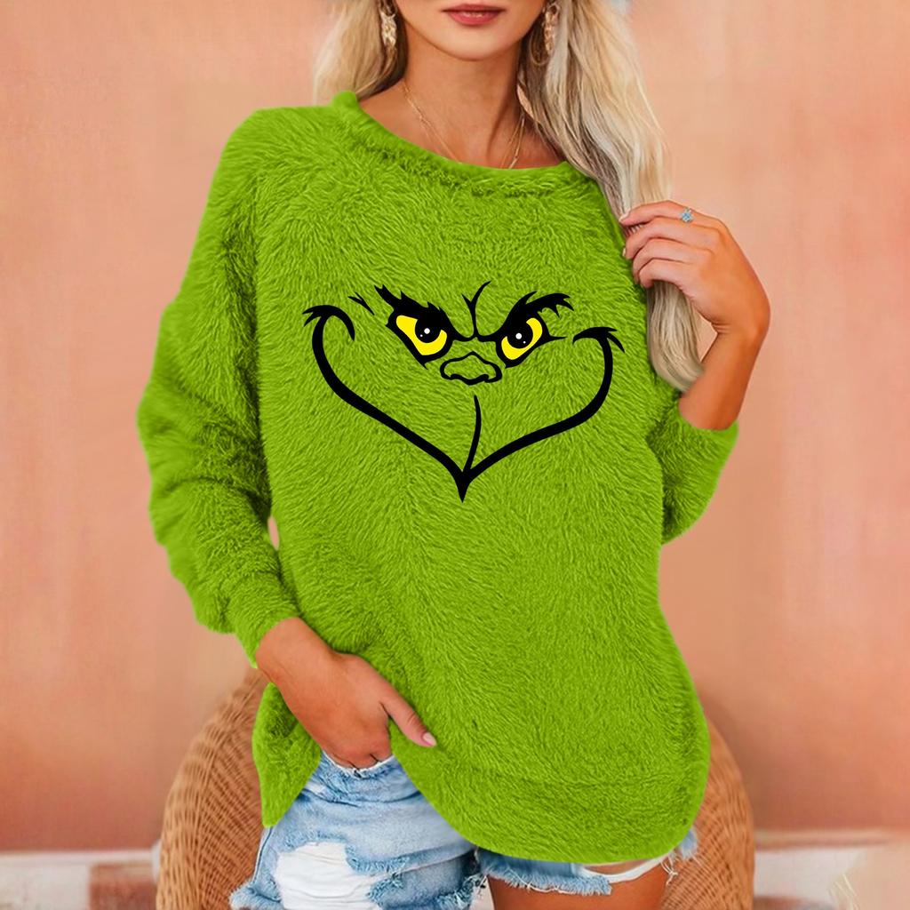 Damen Modischer Rundhals Langarm Weihnachts-Print Lockerer Plüsch Warmer Pullover