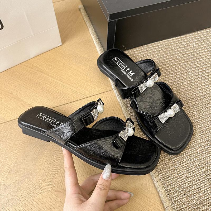 2025 new one-word sandals women's summer fashion outer wear beautiful with skirt bow low heel versatile cool slippers
