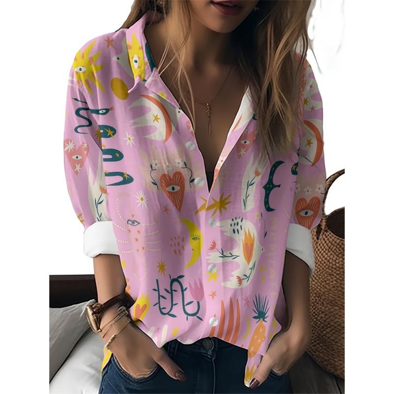 Spring And Summer Women's Large Size Lapel Shirt Abstract Pattern Printed Shirt Daily Casual Long Sleeve Shirt Fashion Women's