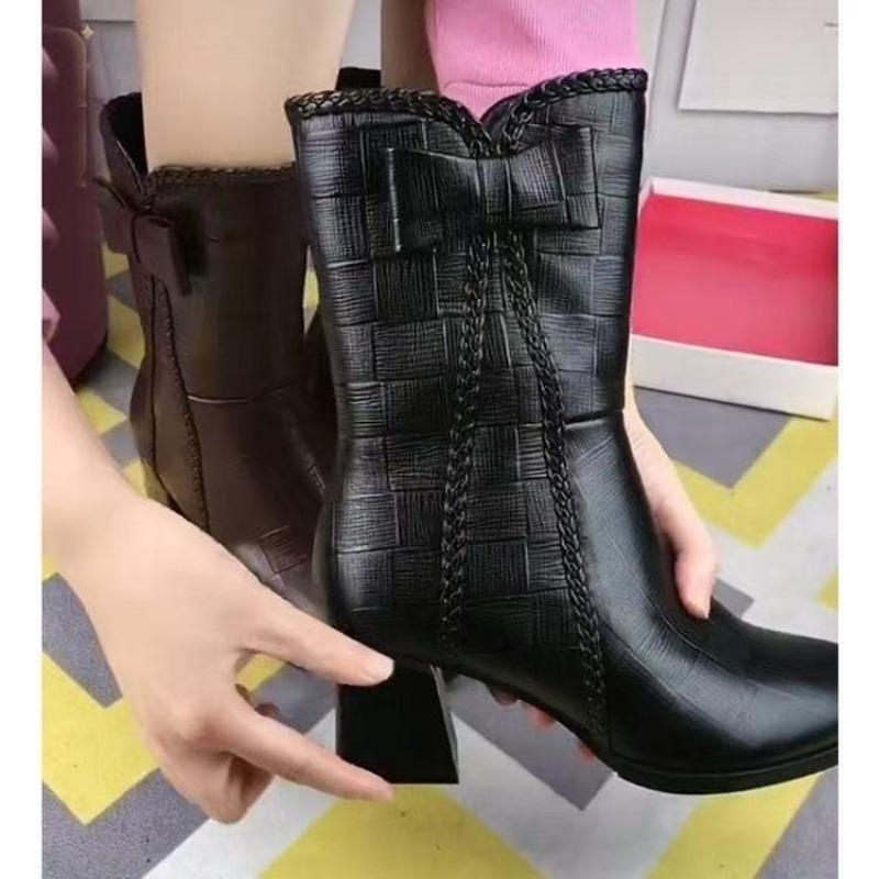 Vinter- och höstkängor med sammetsfoder till mitten av vaden för kvinnor, dragkedjor i sidan, tjockklackade damskor