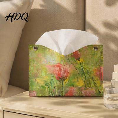 Easy Access Tissue Case Leather Box Cover with Oil Painting Pattern Foldable Desktop Organizer Napkin Holder Decorative Desk Case Facial