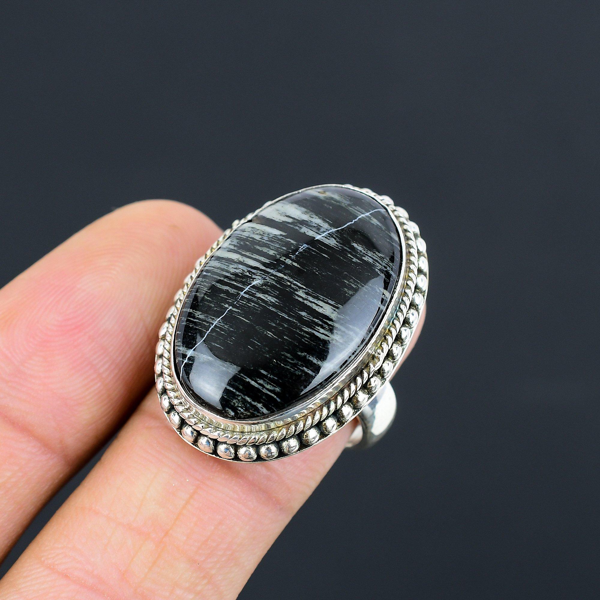 Серебро 925 пробы Овальный Черный Серафинит Камень Помолвочное Одиночный Кольцо для Жены Размер 8 8