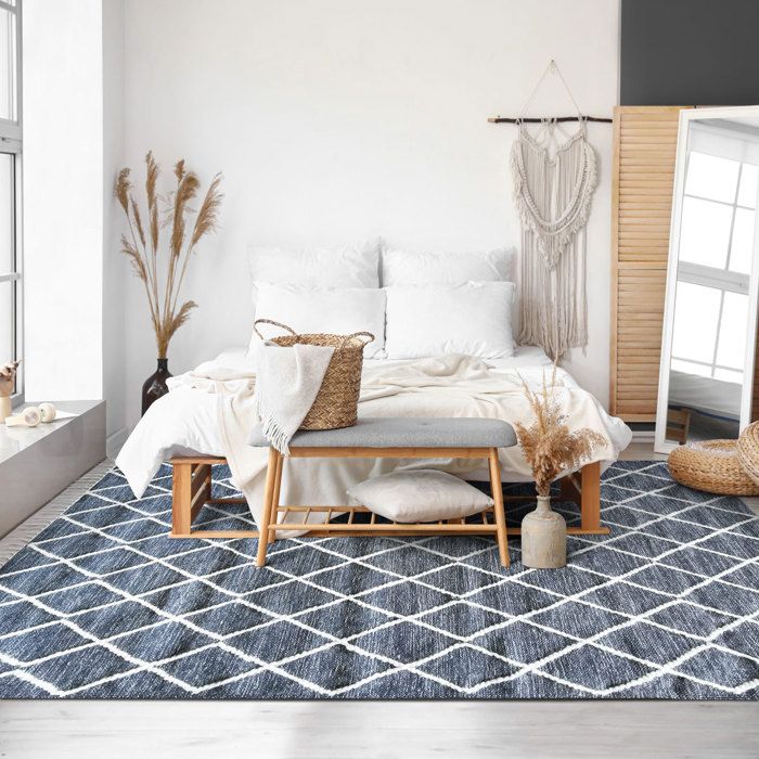 Tapis coton motifs croisillons en laine épaisse gris foncé 160x230