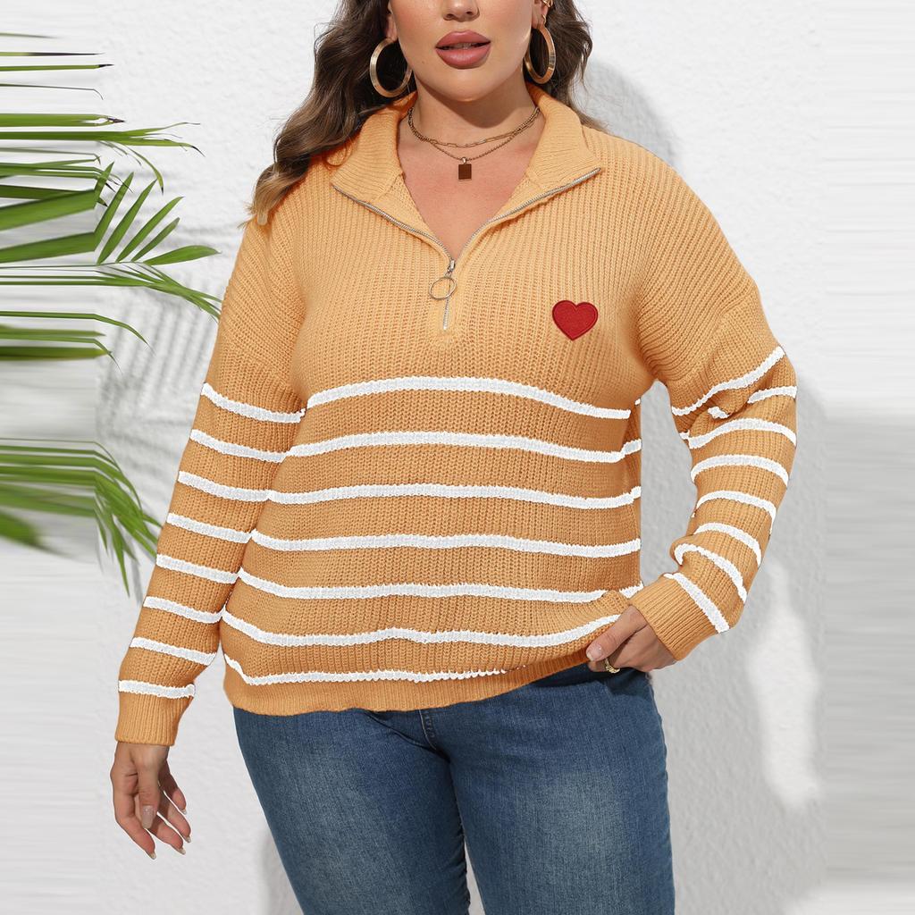 Women's Fashion Large Size Striped Stitching Half-Turtleneck Zipper Heart Knitted Sweater