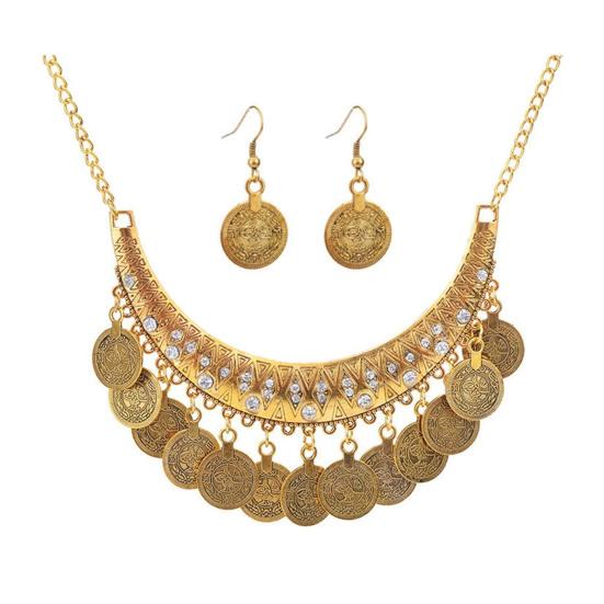 

2Pcs/Set Necklace Earrings Set Adjustable Chain Retro Engraved Pattern Coin Tassels Bridal Necklace with Rhinestones Inlaid Jewelry Gift золотистый