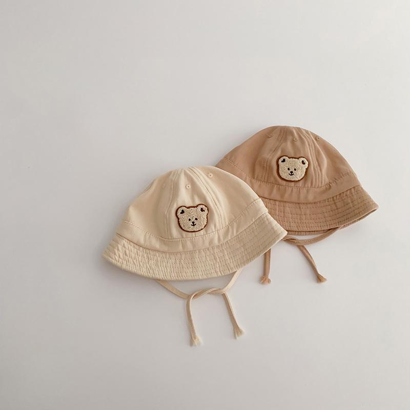 Cute Bear Baby Bucket Hat Solid Color Infant Boy Girl Cotton Fisherman Cap Summer Outdoor Toddler Lace-up Sun Hat