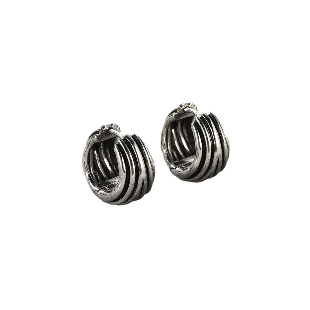 Retro Stripes Niche Cold Wind Silver Plain Ring Ear Buckle Autumn And Winter Fashion Commuting Must Enter Earrings Women