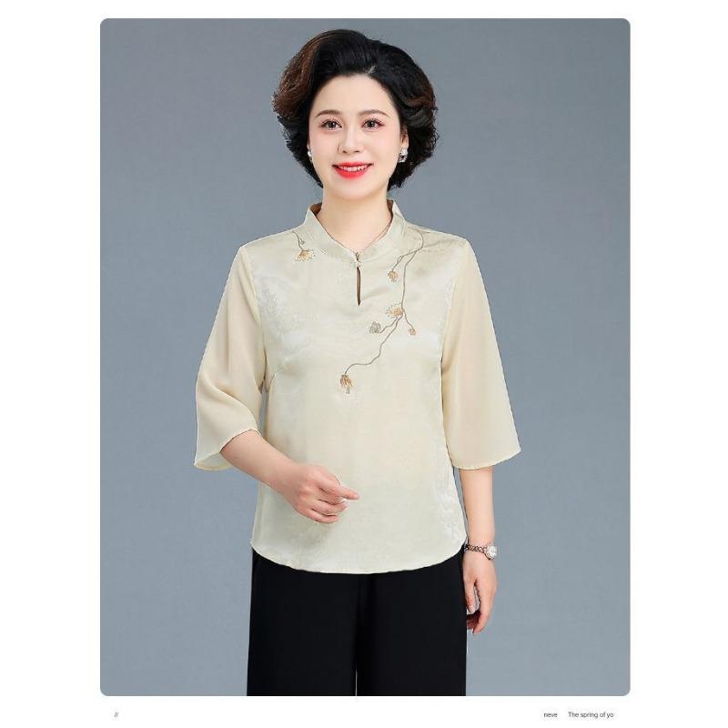 Sommer Neue Chinesische Stil Mittleren Alters Damen 3/4 Ärmel Bestickte Chiffon Bluse Elegantes Stehkragen Reißverschluss Oberteil