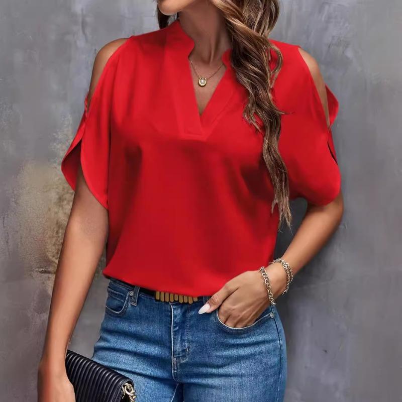 Women's summer new solid color V-neck temperament fashion off-the-shoulder sleeves women's top