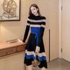 Koreańska moda Elegancki sweter z dzianiny Casual Dress Długi rękaw Lace-Up High End Stretch Knit Vintage Stripe Sukienki