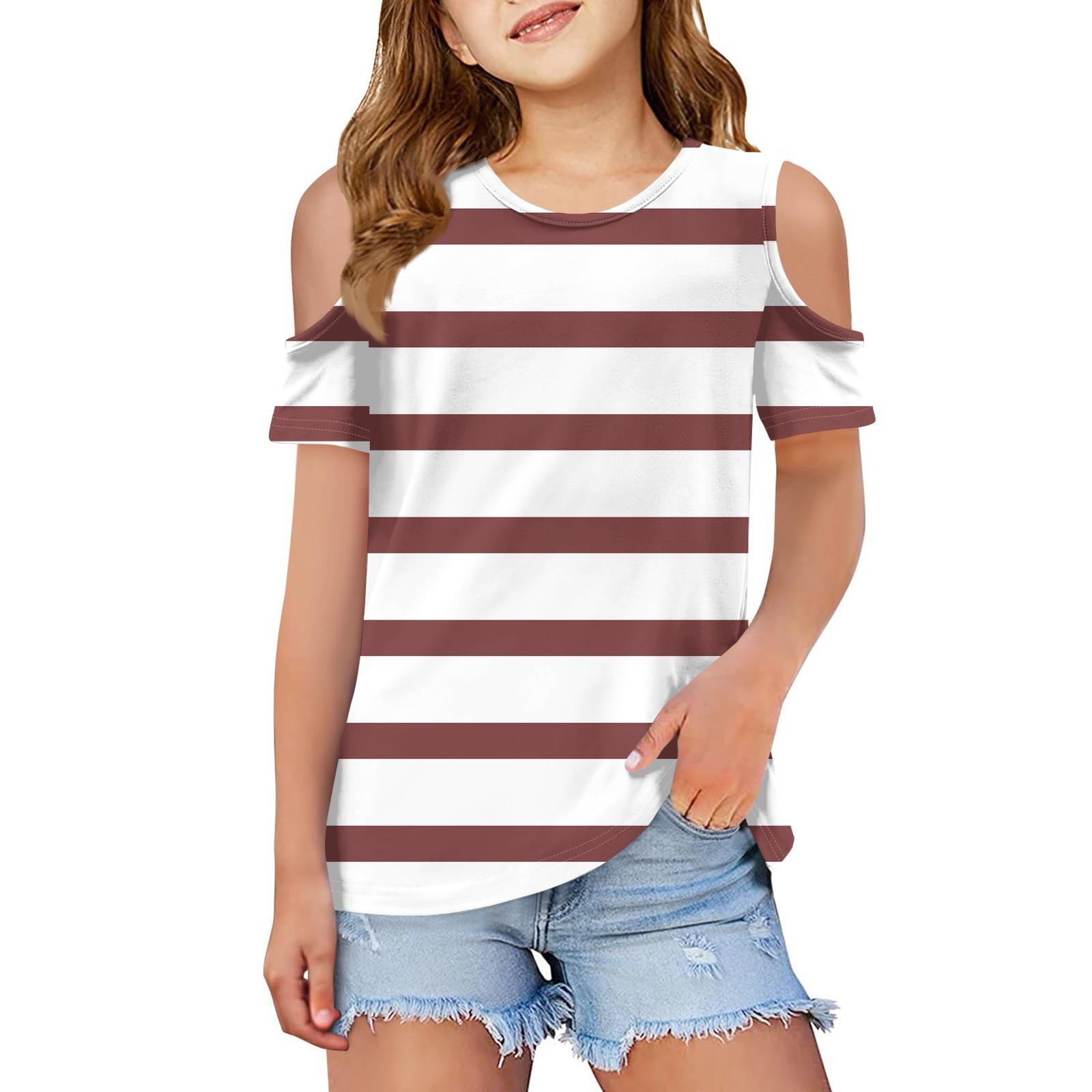 

Дитяча літня модна смугаста футболка з плечами та круглим коміром 160 винний