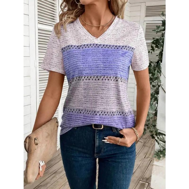 Summer Women Short Sleeve V-Neck Plus Size T Shirt For Women Fashion Ladies T-Shirt  Retro Striped Print Tops Casual Clothes