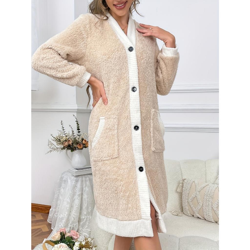 Color Block Fleece Thick Nightgown, Long Sleeved Open Top V-neck Nightgown with Pockets, Women's Pajamas and Dresses