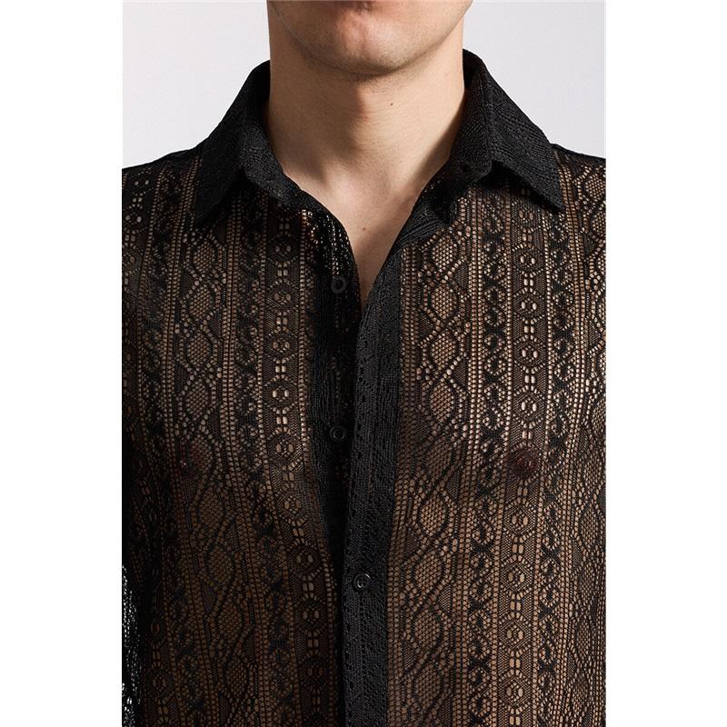 Summer Men's Mesh Lace Knit Shirt Streetwear Hollow-Out Sleeveless Dance Perspective Shirts Nightclub Disco Performance Tops
