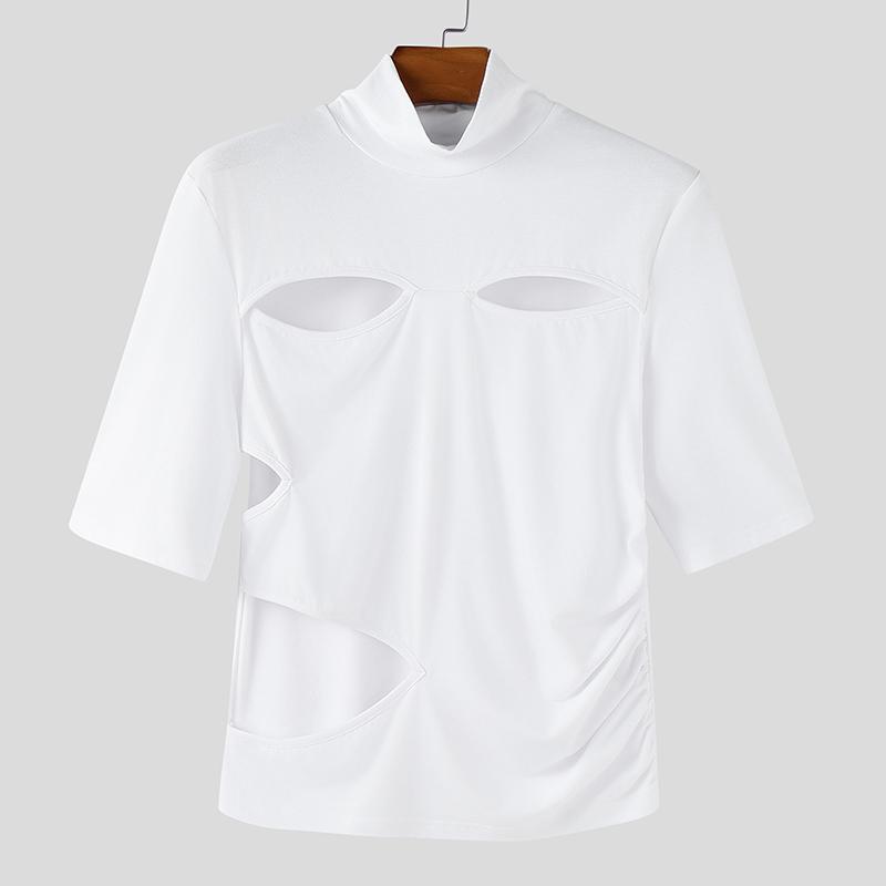 

INCERUN Men Summer Mockneck Short Sleeve Cutout Stretch T-shirts Tops XL белый