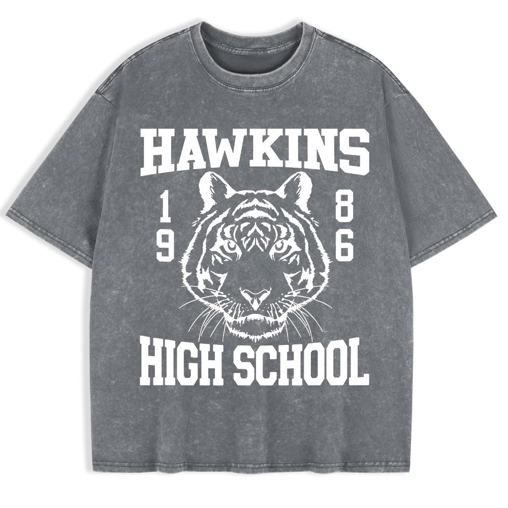 Hawkins High School 1986 Prints Washed T-Shirts Mens Cotton Oversize T Shirt Summer O-Neck Short Sleeve Tops Basic Soft Clothes