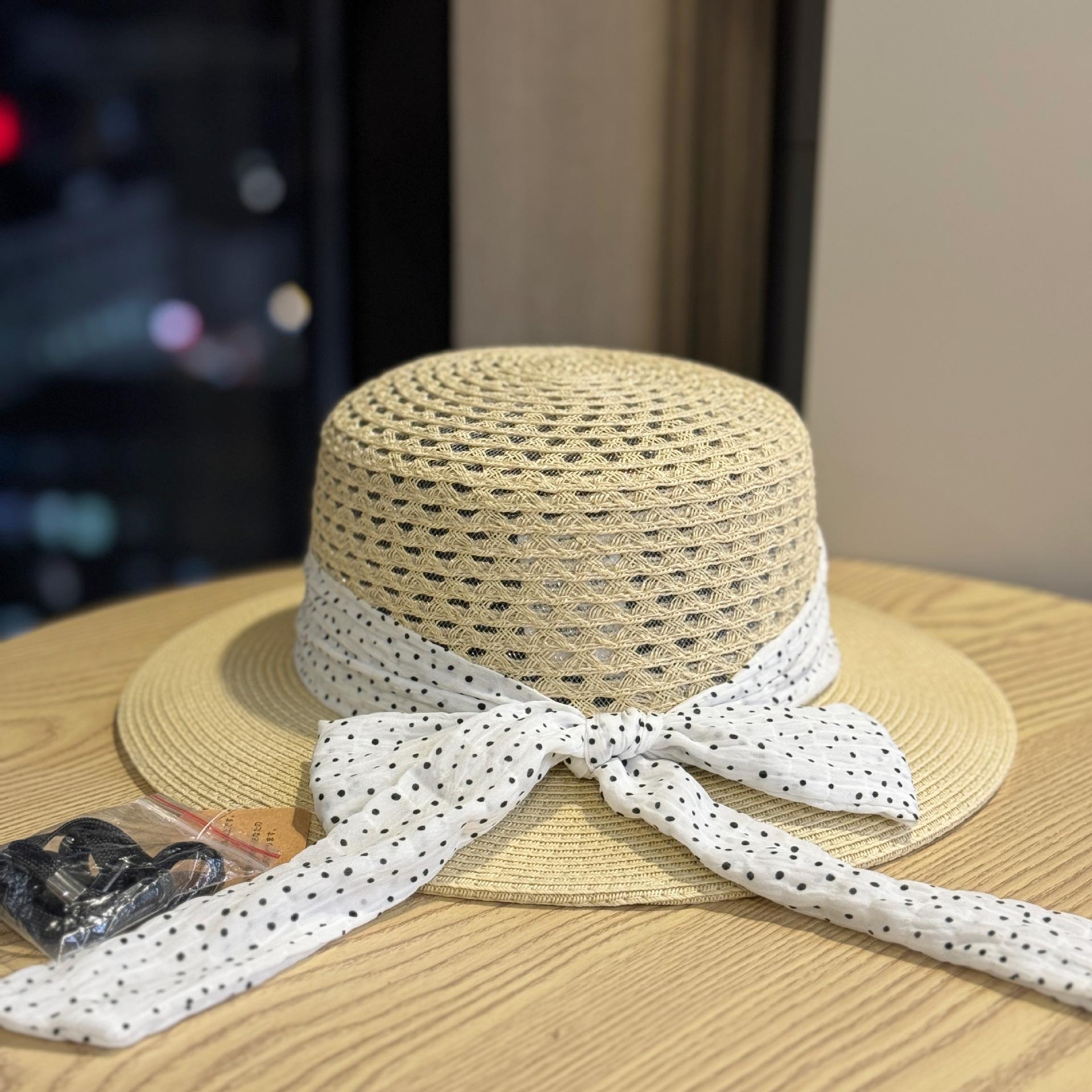 

New French-style polka dot bow straw hat for women, summer seaside beach vacation style sun protection hat Adult54-60Adjustable бежевый