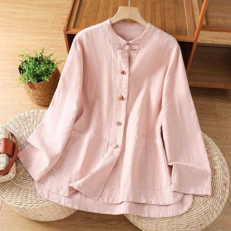 Spring Women s Pink Frog Button Mandarin Collar Linen Shirt M розовый