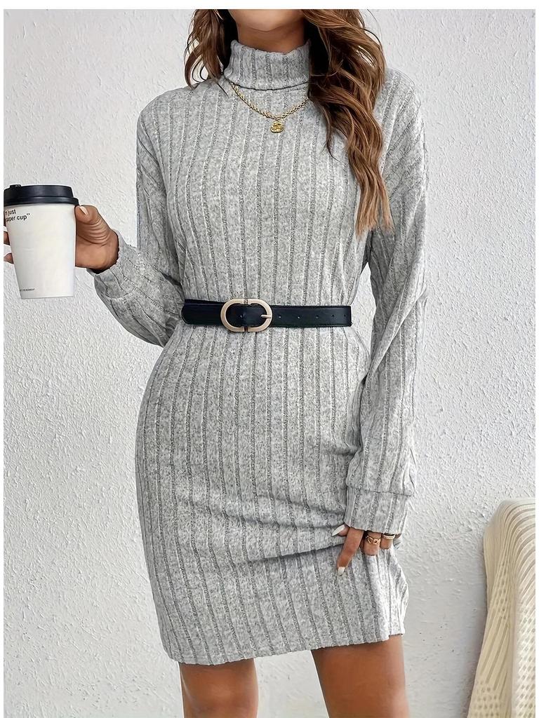 2024 Fall/Winter Women's Casual Solid Color High Neck Long Sleeve Knitted Dress