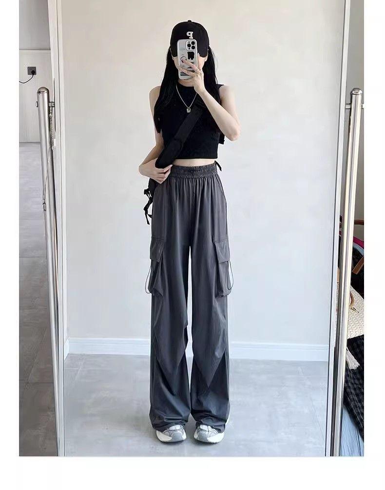 Women's High Waist Gray Wide Leg Parachute Pants - Summer Casual, Quick-Dry American Style Sportswear