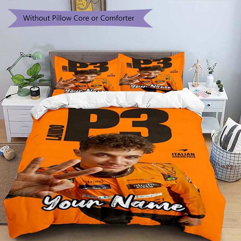 3ks Sada povlečení na míru Lando Norris Uzavírání na zip Obsahuje 1 povlak na přikrývku & 2 povlaky na polštář, Měkké a pohodlné pro všechna roční období.