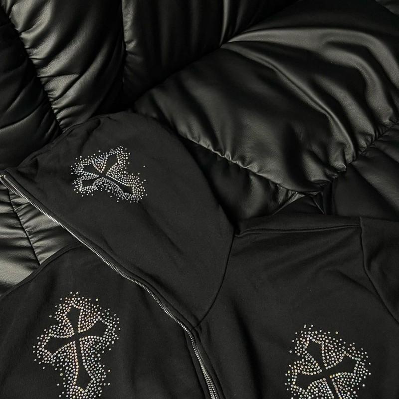 Oversized Hooded Sweatshirt With Rhinestone Cross Design Streetwear Unisex Long Sleeve Pullover