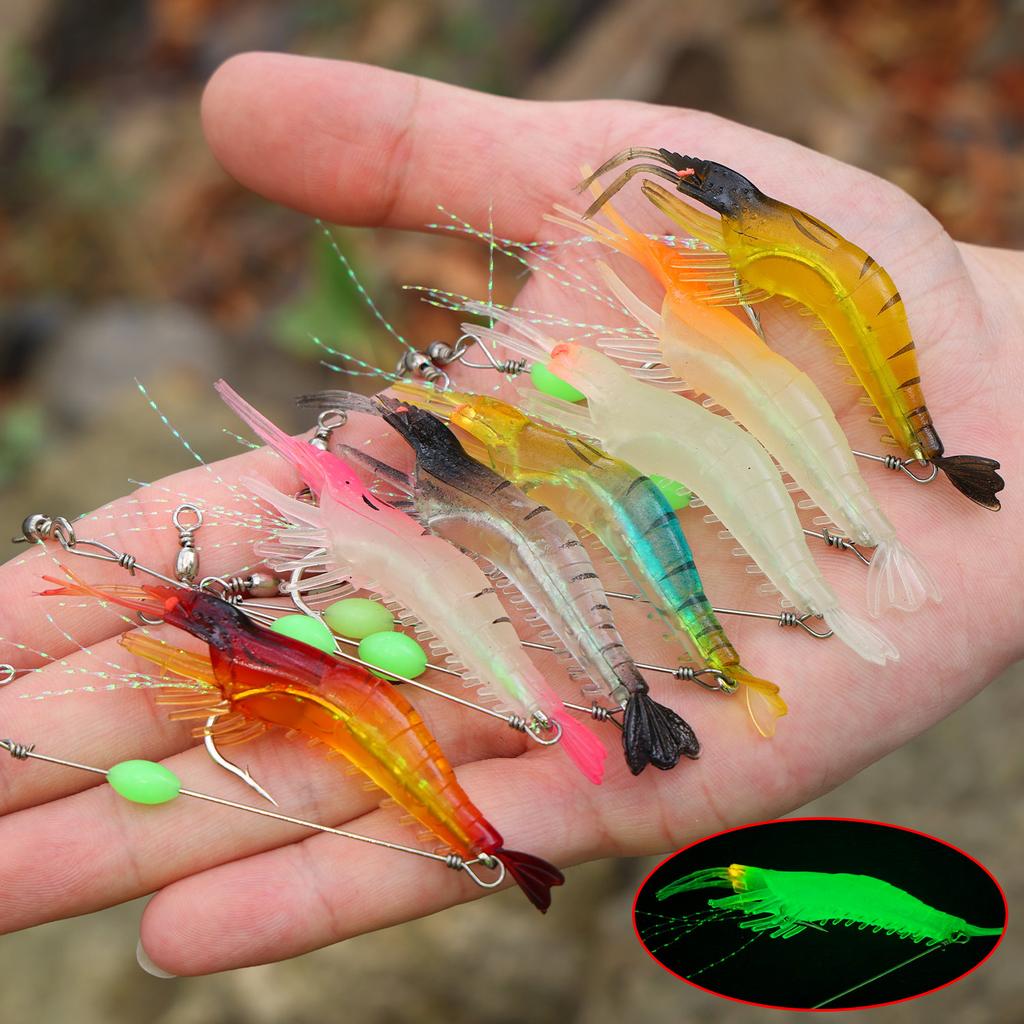 Soft Fishing Luminous Shrimp Lure with Hook Swivel Beads Artificial Silicone Glow Fishing Bait Fish Bait Set Jigging
