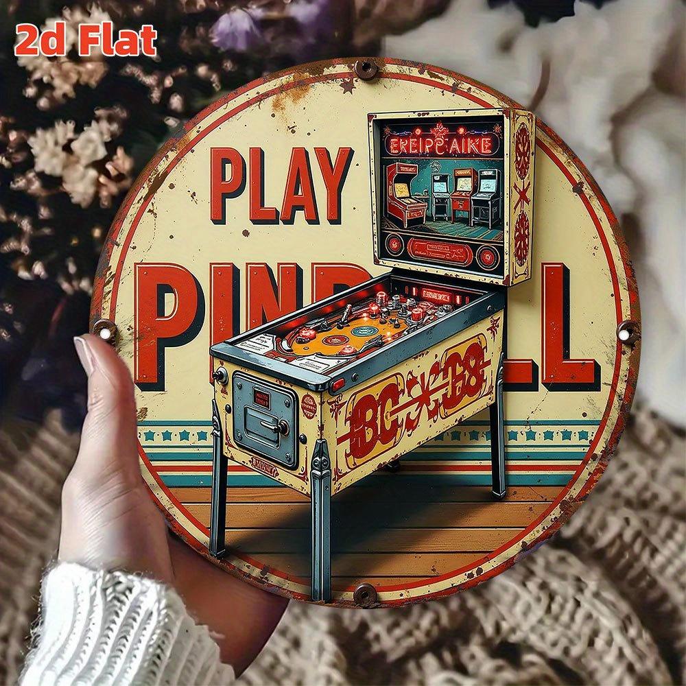 D Flat pc Retro Arcade Pinball Machine Metal Wall Art Sign cm Round Vintage Pinball Game Design with Classic Arcade 20x20cm(8x8inch)