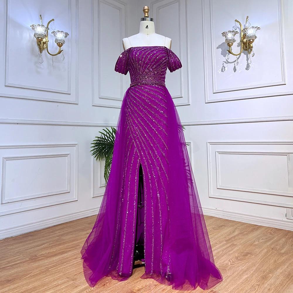 High-end sexy one-word shoulder split harpoon tail light luxury temperament socialite banquet host dress LA11818