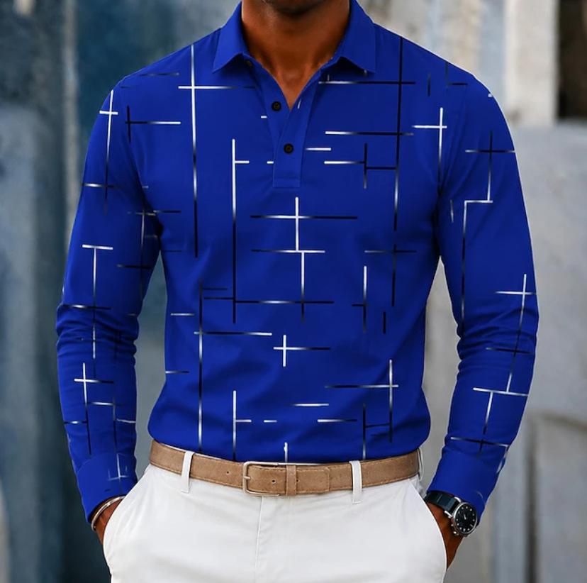 Stylish Long Sleeve Polo Shirt with Geometric Pattern, Perfect for Casual Daily Wear.