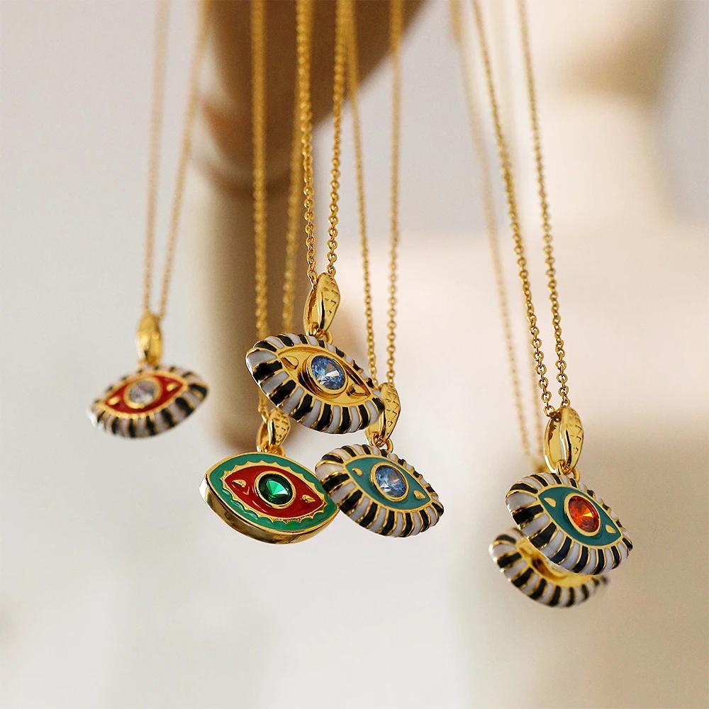Vintage Multicolor CZ Zircon Enamel Evil Eye Pendant Necklace for Women Fashion Gold Plated Oil Drip Charm Collar Jewelry Gifts