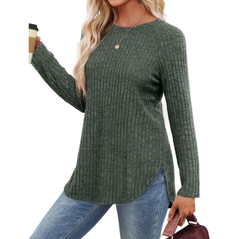 Women's Autumn Casual Patchwork Round Neck Long Sleeved Solid Color Pit Stripe Sweatshirt Pullovers
