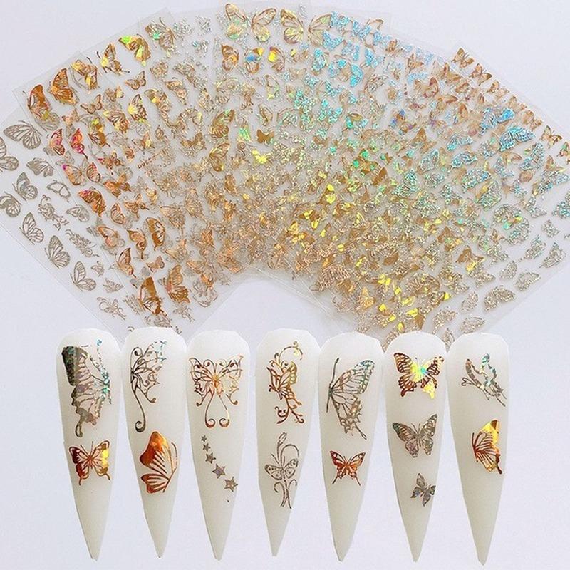 4Sheets Holographic 3D Butterfly Nail Art Stickers Adhesive Sliders Colorful DIY Golden Nail Transfer Decals Foils Wraps Decorations