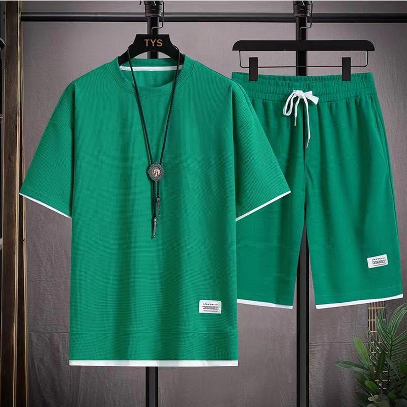 2024 Men's Sporty Summer Waffle Set: Korean Style Short Sleeve T-shirt & Shorts