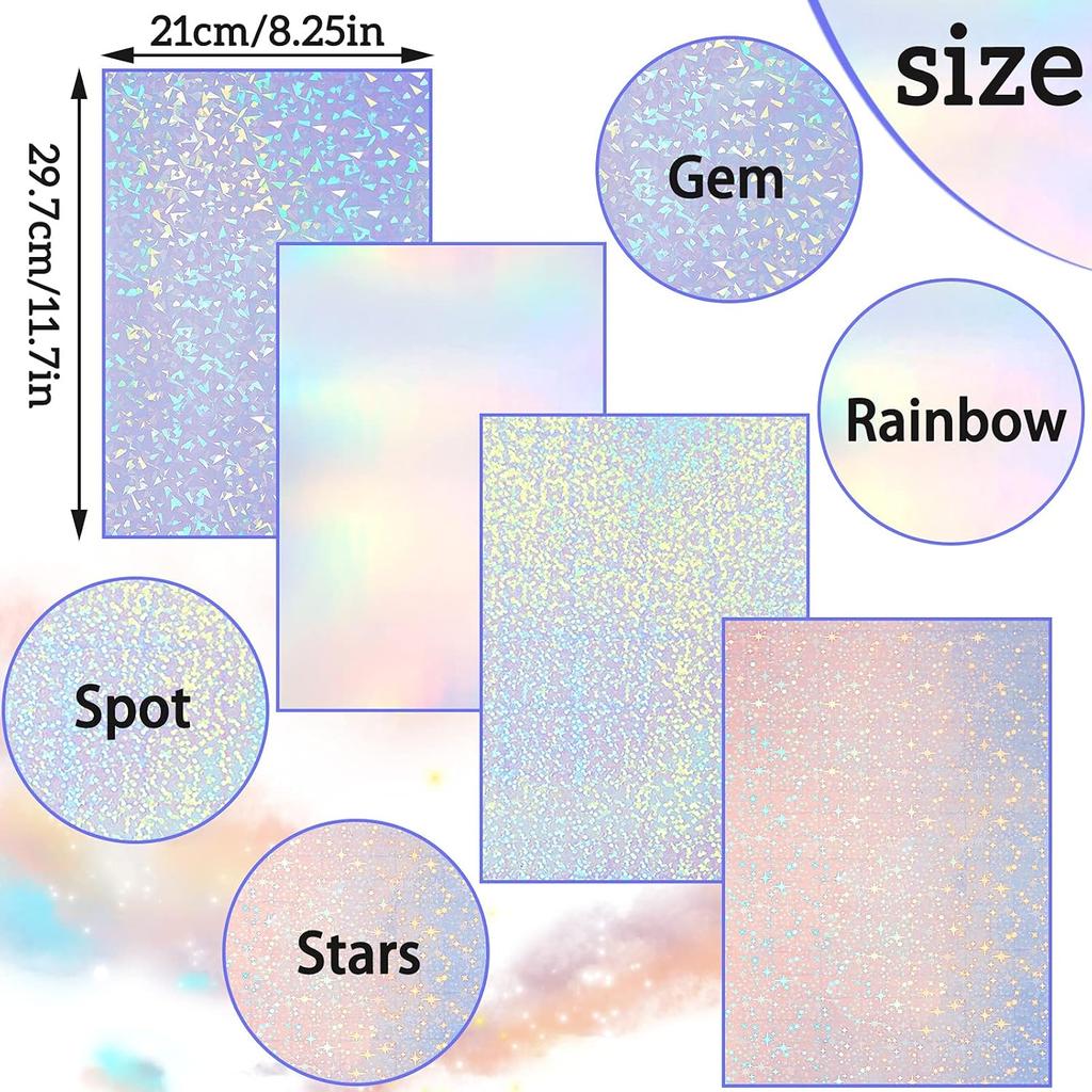 9Sheets A4 Holographic Paper Sticker Transparent Waterproof Self Adhesive Film 11.7 x 8.3 Inches (Gem, Dot, Colorful, Star)