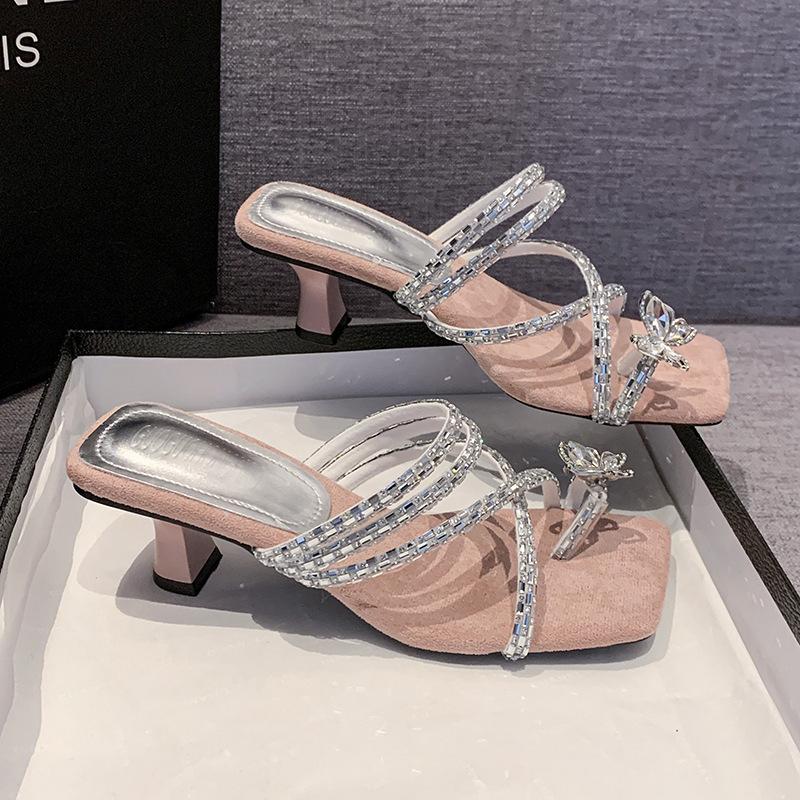 Slippers women's outer wear 2025 summer new rhinestone thick heel with skirt high heel word with bow cool slippers women